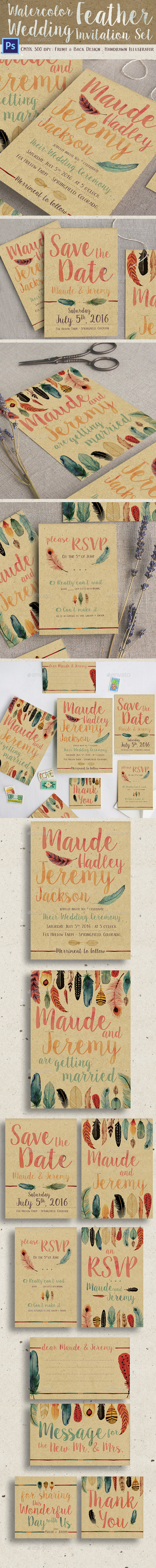 Watercolor Feather Wedding Invitation Set